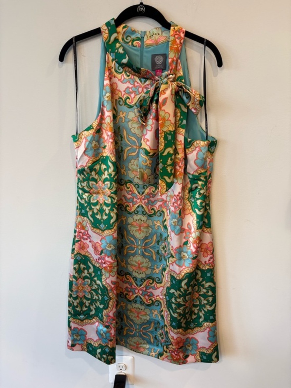 Vince Camuto Teal, Pink & Yellow Floral Halter Tie Dress Silky Retro Sz 18